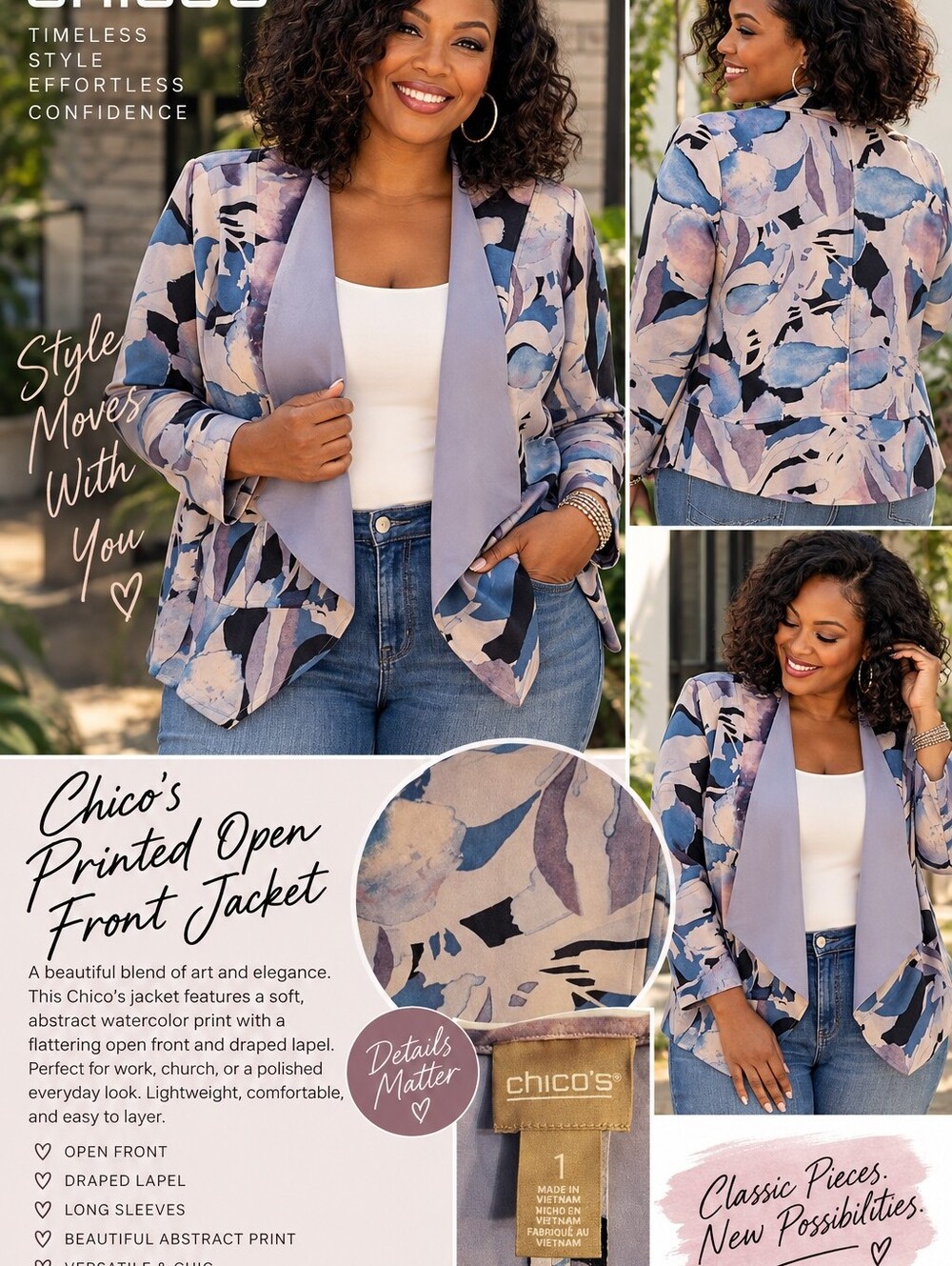 Chico’s Size 1 Watercolor Floral Draped Open Front Jacket Blazer Blue Purple